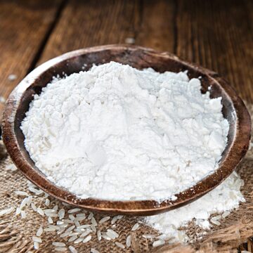 Homemade rice flour in a wooden bowl.