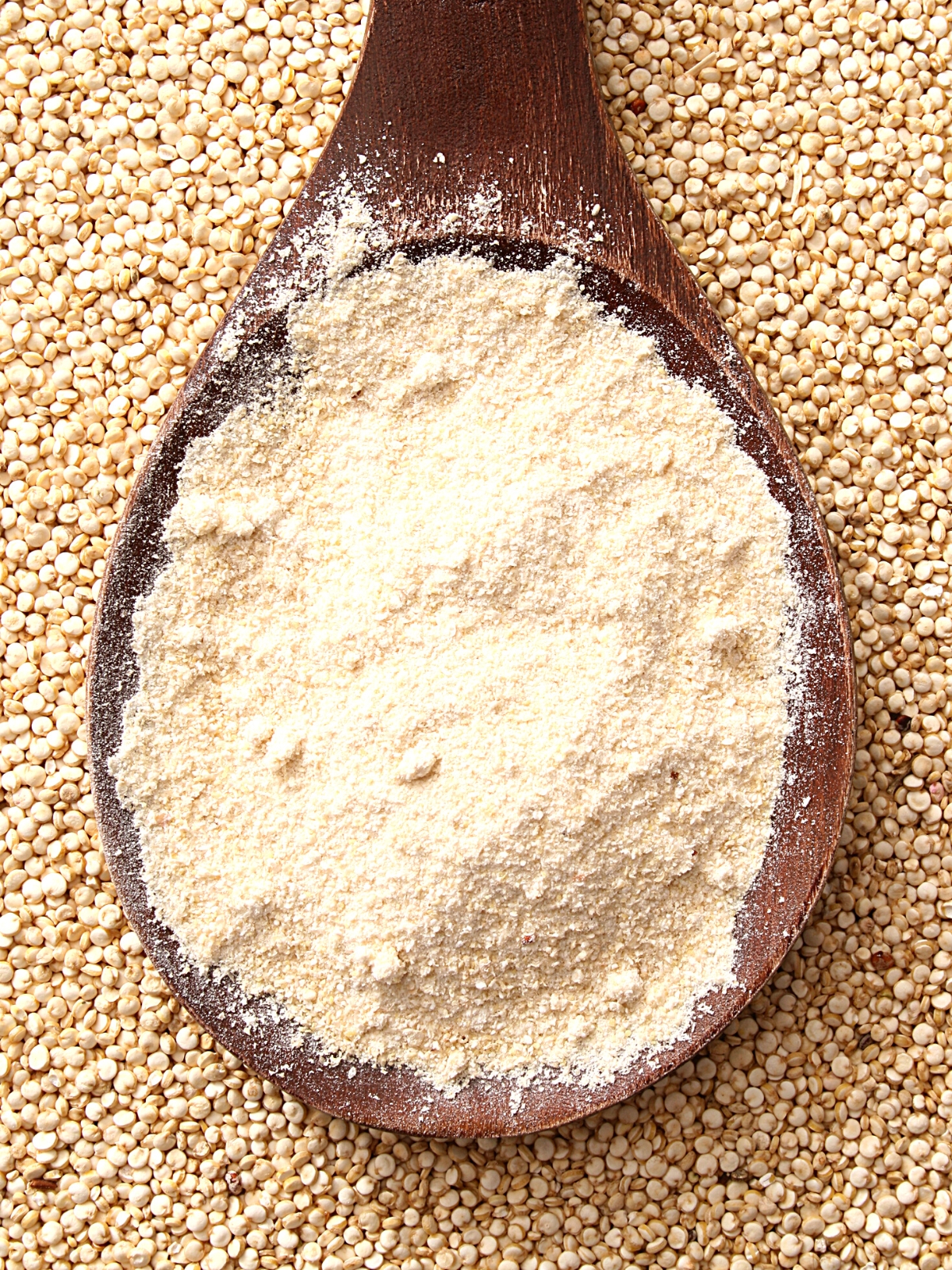Quinoa Flour placed in a wooden ladle on top of fresh quinoa seeds.