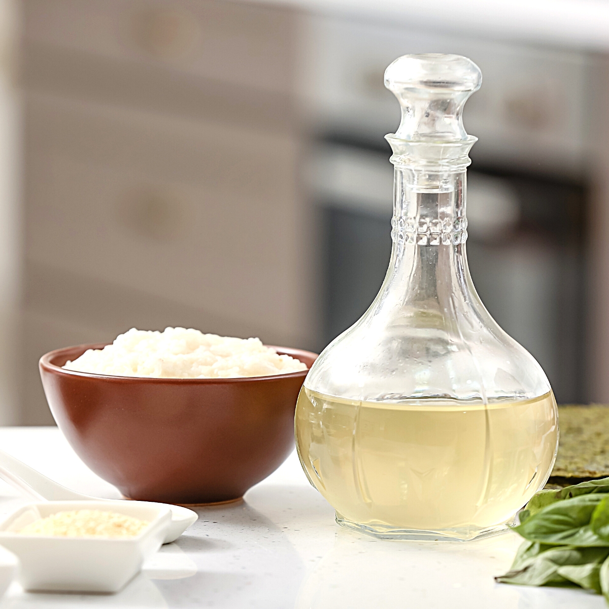 Homemade Rice Vinegar in a glass jar on a Table. (1)