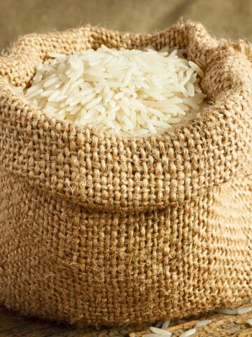 A sack full of white basmati rice.