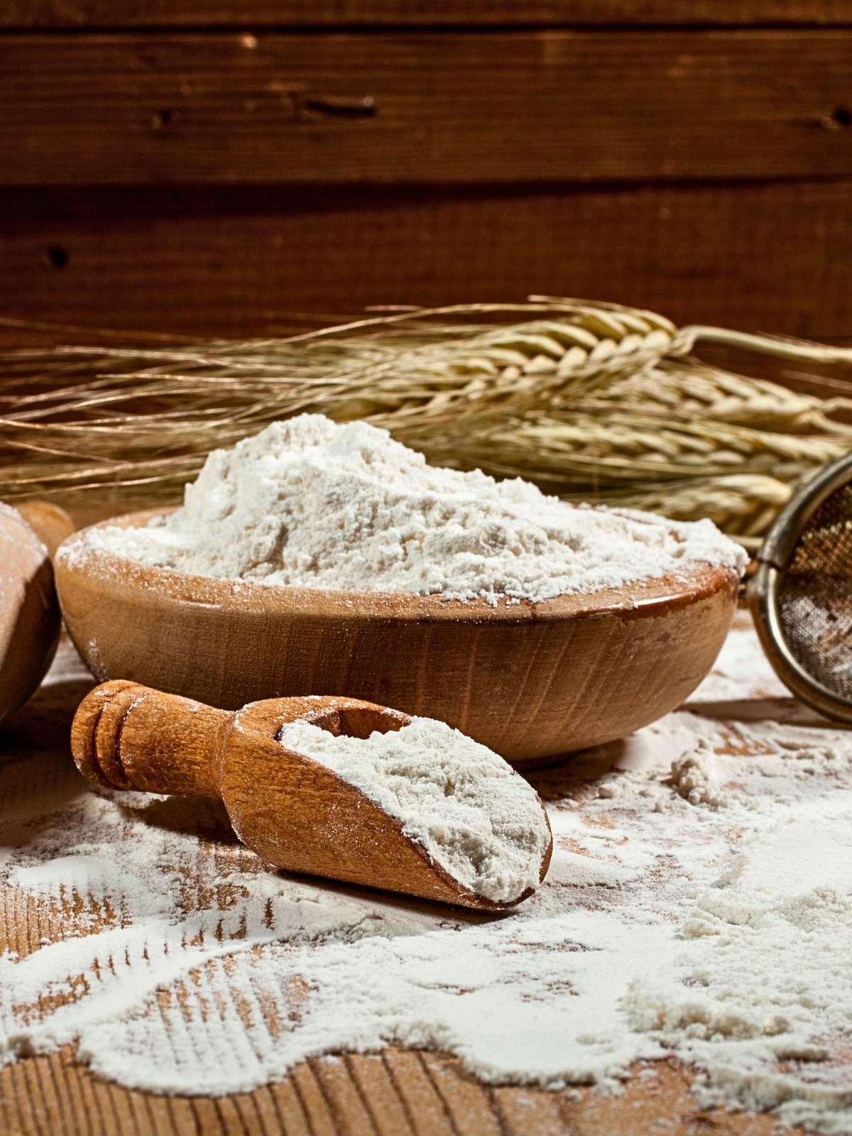Organic Whole Wheat Flour in a wooden bowl.