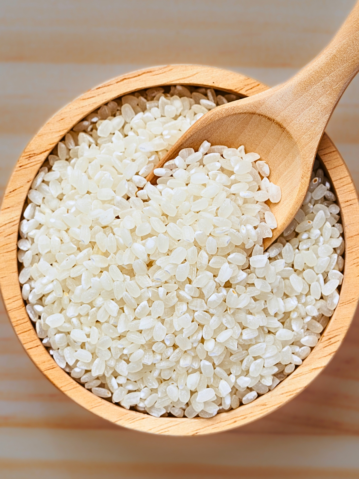 Top view of Asian Short-Grain Rice in a wooden bowl.