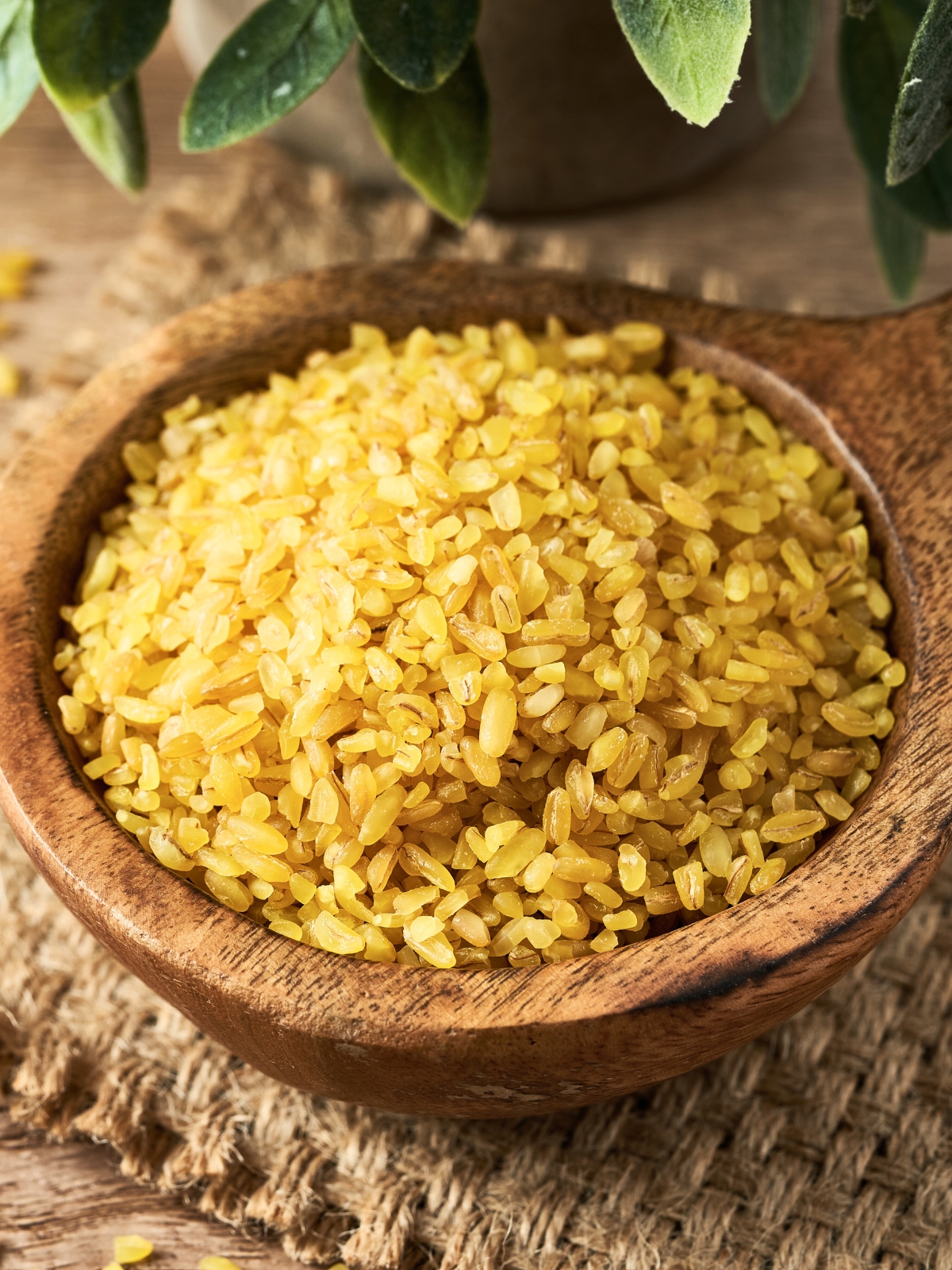 Bulgur Wheat in a rustic wooden bowl.
