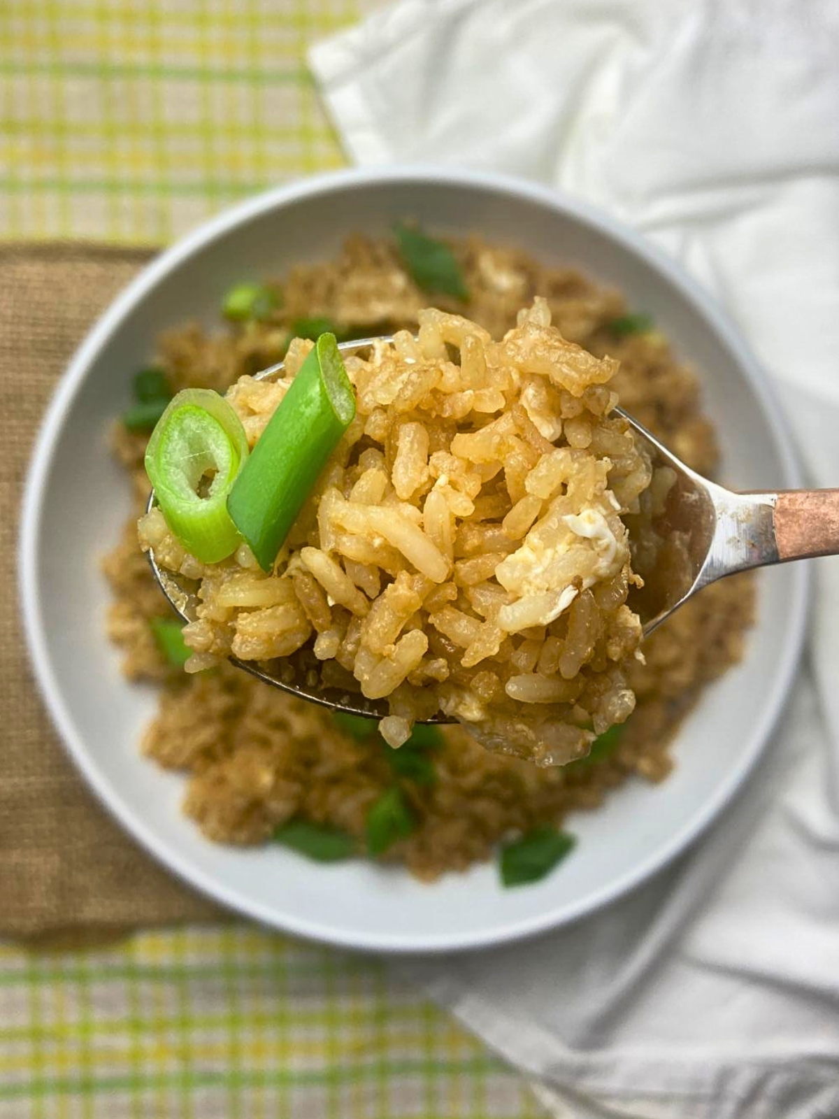 Spoon filled with garlic fried rice with green onion and egg lifting from a white bowl.